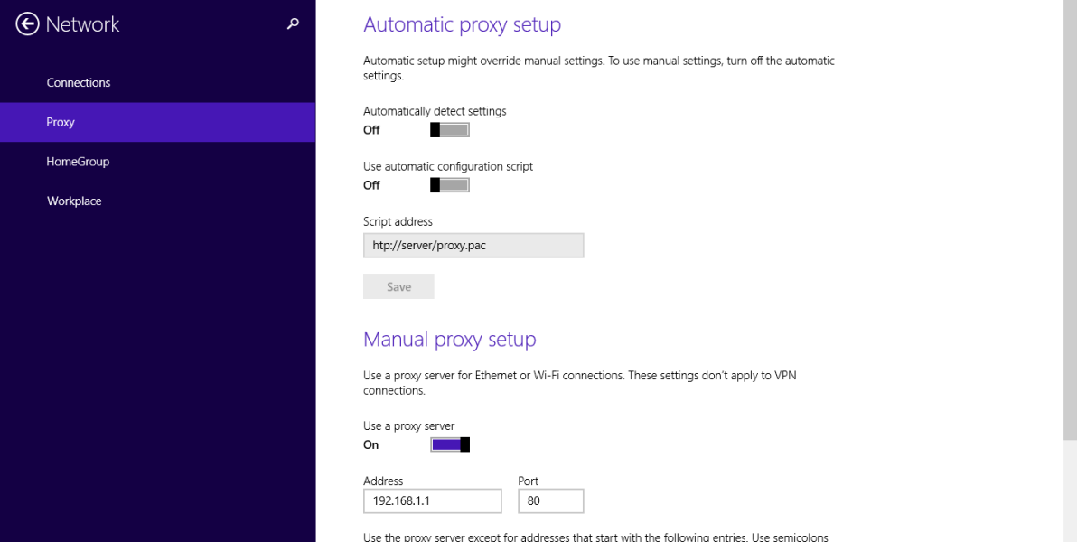 Changing Proxy Settings through the Charms Menu