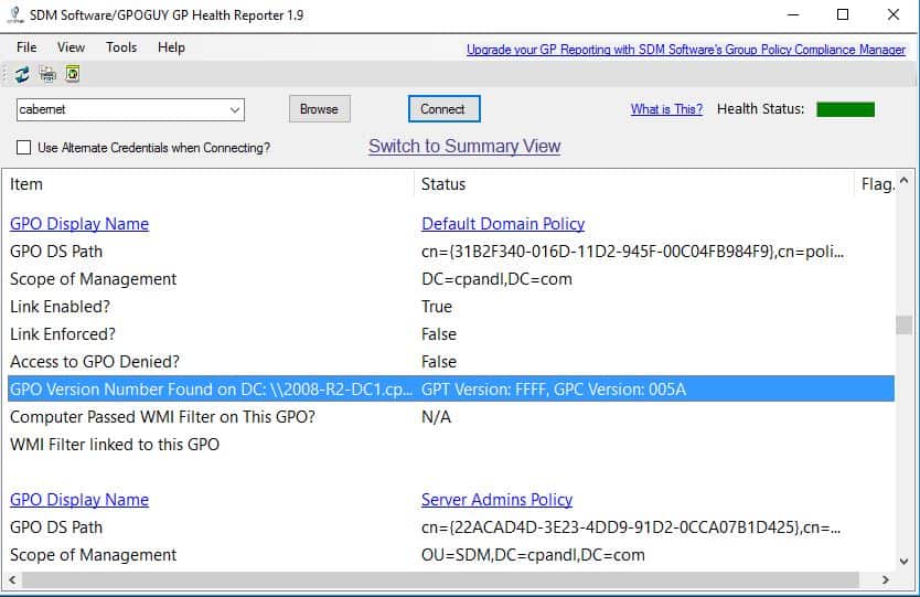 The Group Policy Health Reporter showing GPC version information.