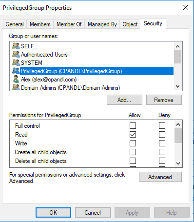 Granting a group called "PrivilegedGroup", access to read itself.