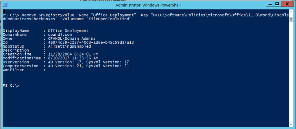 Output from the Remove-GPRegistryValue cmdlet